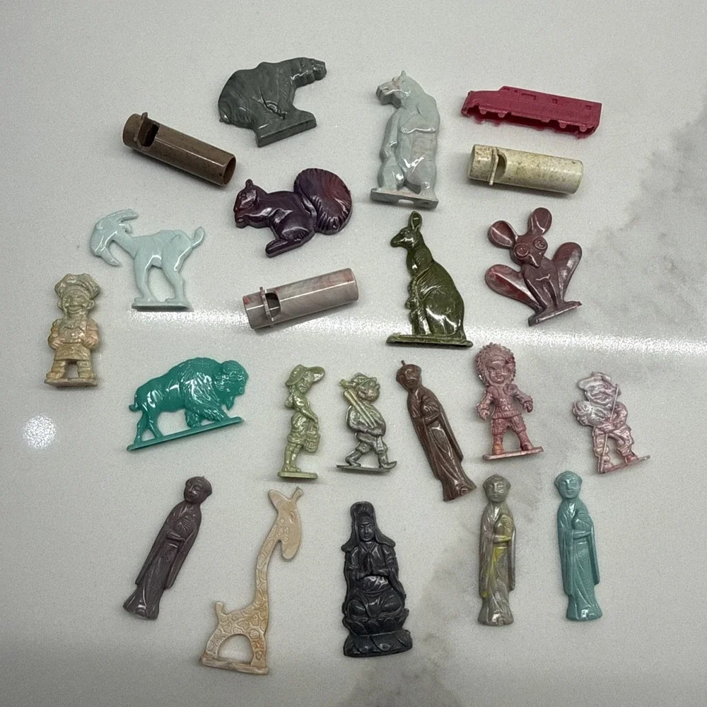 Early Vintage Cracker Jack Prize Charms Lot Whistles Figures Animals 1940s–60s